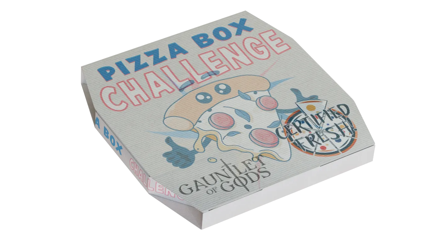 The Gauntlet of Gods pizza box, angled view