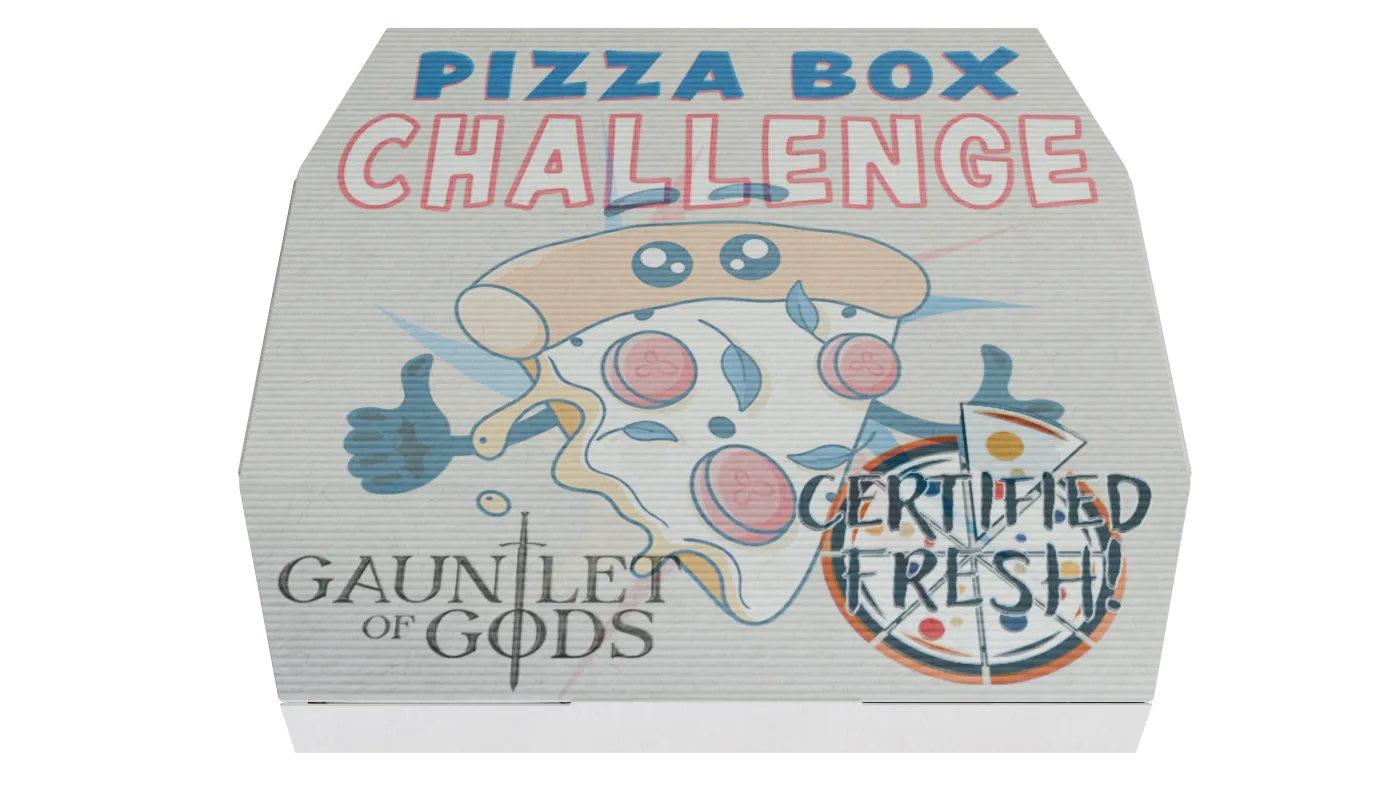 The Gauntlet of Gods pizza box, front angle
