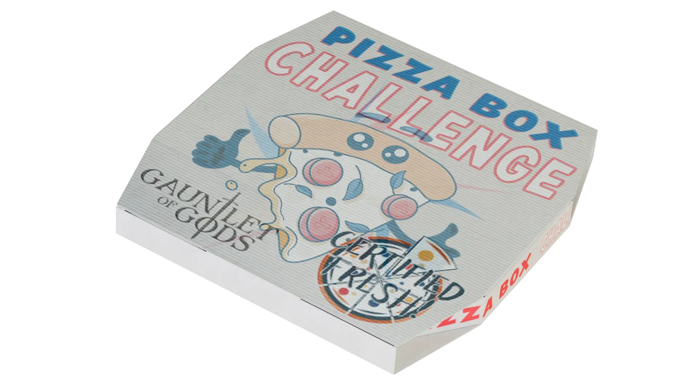 The Gauntlet of Gods pizza box, angled view