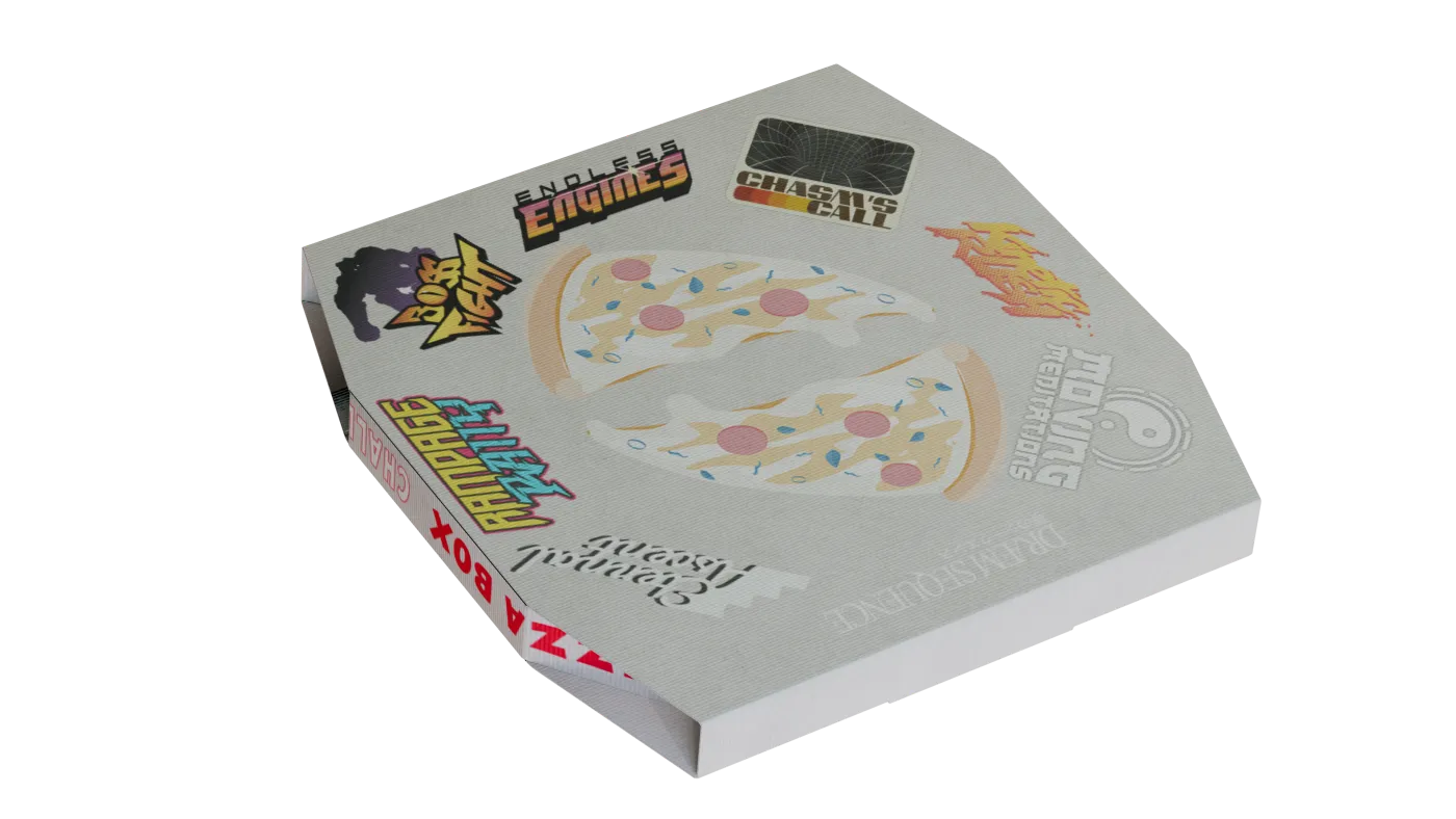 The Gauntlet of Gods pizza box, angled view