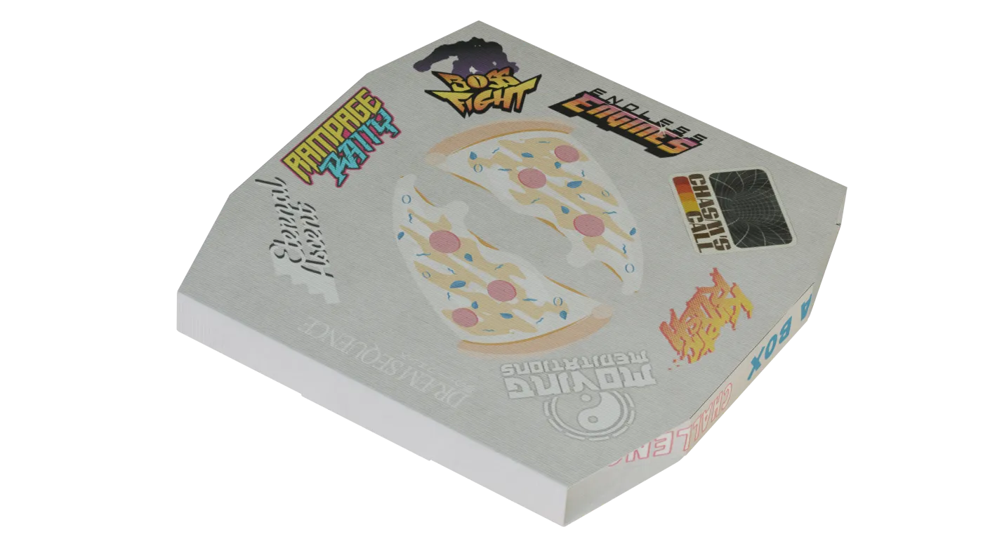 The Gauntlet of Gods pizza box, angled view